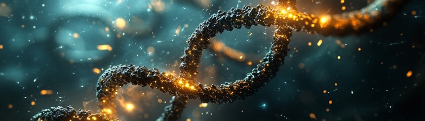 Poster - Visual metaphor for generational trauma within DNA, oocytes surrounded by twisting, decaying helixes, dark and moody yet tinged with light, hope barely shining through