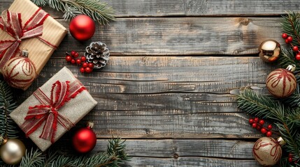Aufkleber - Holiday decorations New year presents and ornaments on a wooden backdrop