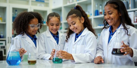 Diverse Group of Female Students in Lab Coats Conducting Chemistry Experiments