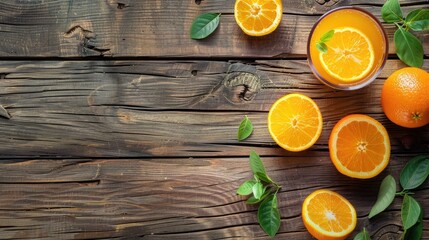Aufkleber - Orange juice glass with fruit pieces on wooden surface for text or elements