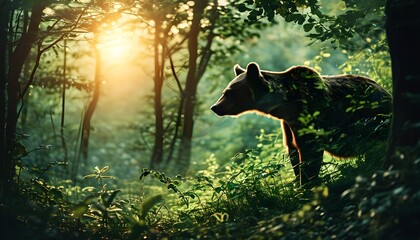 Wall Mural - Serene Double Exposure of Wildlife Silhouette Amidst Lush Green Forest and Sunlit Background