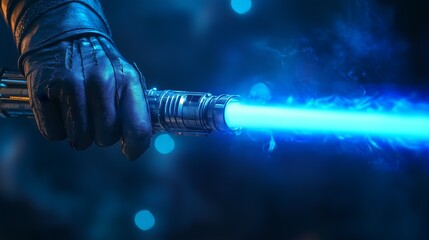 close-up of a gloved hand gripping a blue glowing laser sword, highlighting a science fiction theme 