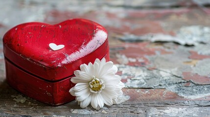 Red heart box and white flower with overlapping background