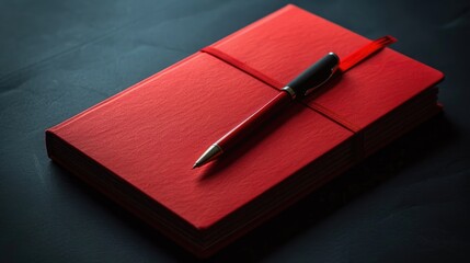 Poster - Red notebook and pen on dark backdrop