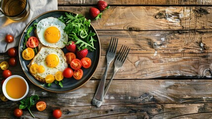 Poster - Ideal morning meal presentation on a rustic wooden background viewed from above