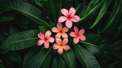 Pink frangipani blooms set against a backdrop of green foliage