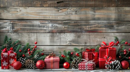 Aufkleber - Holiday decorations New year presents and ornaments on a wooden backdrop