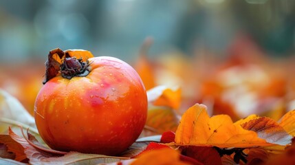 Wall Mural - Ripe autumn fruit persimmon in orange