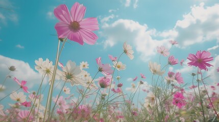 Pink and white cosmos flowers in a dreamy field against a sky backdrop ideal for weddings or Valentine s Day capturing the beauty of spring with room for text