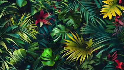 Wall Mural - Vibrant Tropical Leaf Wallpaper with Complementary Colors Featuring Lush Exotic Top View and Modern Tech-Inspired Elements