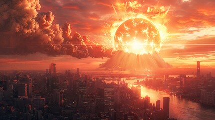 A realistic digital illustration depicting a nuclear explosion at the heart of a metropolis, symbolizing the onset of an apocalypse against a fantastic background