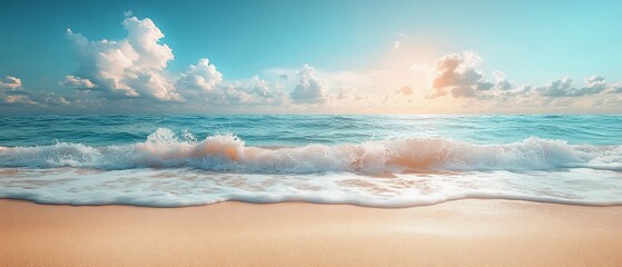 Tranquil ocean waves crashing on a sandy beach with a bright blue sky and fluffy clouds above.