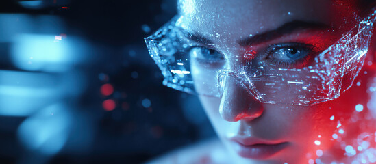 Poster - Stunning beauty with futuristic glasses, glowing urban background