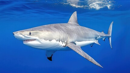 A large shark glides effortlessly through the bright blue ocean, displaying its powerful body and sharp features, illustrating the beauty of marine life