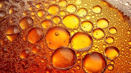 Poster - The amber liquid filled with bubbles reveals intricate textures and reflections as sunlight illuminates its surface, creating a vibrant appearance