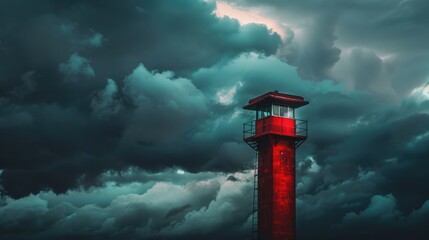 Red tower on cloudy sky