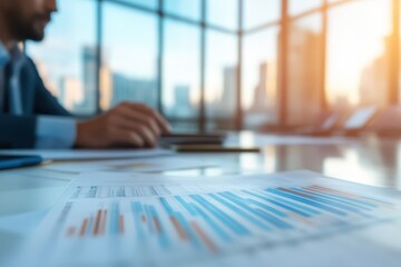 A business professional analyzes data charts in a modern office setting.