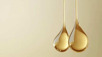 Poster - Two glossy droplets of golden oil hang from above, reflecting light beautifully against a soft beige backdrop, creating a serene and elegant atmosphere