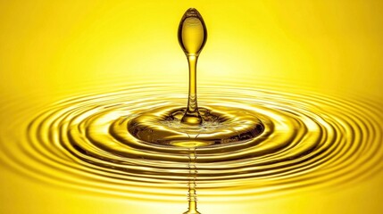 Poster - A droplet of yellow liquid is poised above the surface, creating ripples as it prepares to fall. The bright light enhances the vibrant color, adding an artistic touch to the tranquil moment