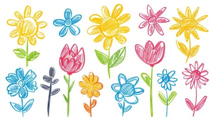 collection of children's drawings featuring flowers and the sun, showcasing a multicolored set of symbols ideal for kindergarten and school patterns