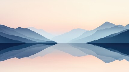 Wall Mural - Minimalist landscape of mountains reflected in water, with subtle gradients and soft, calming colors evoking a tranquil mood