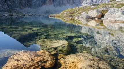 Wall Mural - Peaceful mountain reflection in clear water, with minimalist elements and gentle transitions of color and light, forming a serene scene