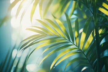 Wall Mural - Sunlit Palm Leaf with Green Hues and Blurred Background