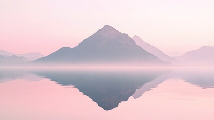 Wall Mural - Simple mountain silhouette reflected in calm water, with soft pastel tones and a minimalist aesthetic, creating a tranquil visual