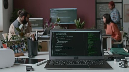 timelapse of laptop computer on desk in it startup, lines of code executed on black screen, virtual 