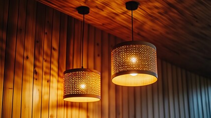 Two wooden lamps adorn the ceiling, casting a warm glow. One lamp shines brightly, illuminating the room. The wooden walls add an earthy ambiance to the space. 