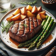 A succulent steak paired with grilled asparagus and crispy roasted potatoes on a white plate. A delicious meal idea for steak lovers, offering a perfect balance of flavors and textures.. AI Generation