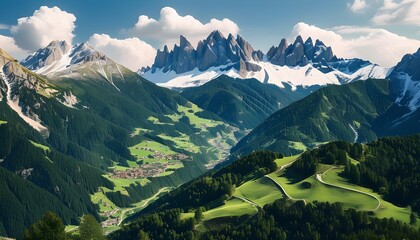 Wall Mural - Aerial view of Tyrol peaks and Dolomites showcasing Birkenkofel and Baranci mountain ranges in Trentino, Italy