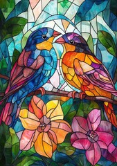 Wall Mural - 
Stained glass artwork of colorful birds with vibrant flowers, artistic nature design
