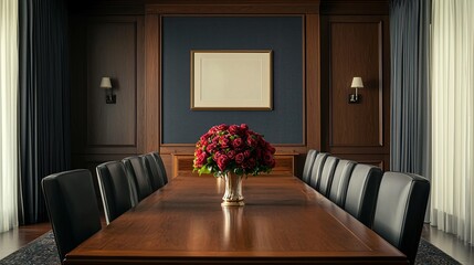 Elegant boardroom featuring a large wooden table, black leather chairs, and a striking centerpiece of red roses, surrounded by dark wood paneling and soft curtains.