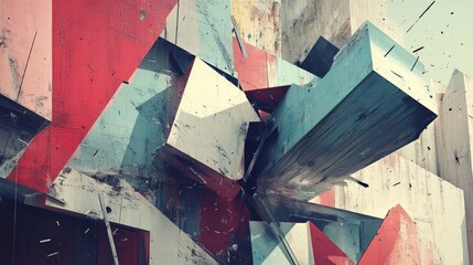 Poster - Asymmetrical deconstruction of geometric shapes in urban art installation