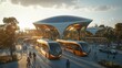 © irissca - Futuristic African transportation hub featuring electric buses and cyclists in an eco-friendly urban setting