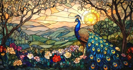 Wall Mural - Peacock in a colorful stained glass window with a lush landscape background
