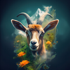 Wall Mural - Digital Smoke Art. Goat in the mountain digital and fashion photography with double exposure techniques