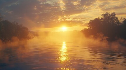 Wall Mural - A peaceful sunrise over a river with mist rising from the water's surface.