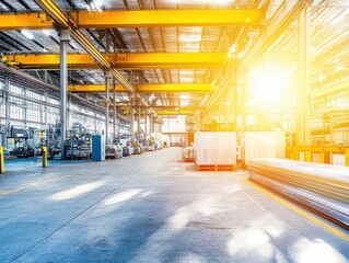 A spacious industrial warehouse with bright sunlight streaming in, showcasing machinery and stacked materials in an organized, clean environment.