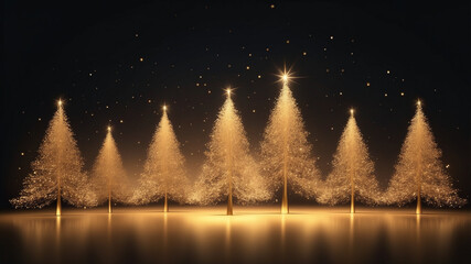 Abstract scene of Christmas Tree Silhouettes with Golden Light The trees are outlined with glowing lines