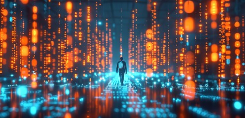 Wall Mural - a person walks through a futuristic cityscape illuminated by glowing lights and digital data streams
