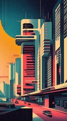 Wall Mural - Futuristic city skyline with towering buildings and elevated roadways under a vibrant sunset