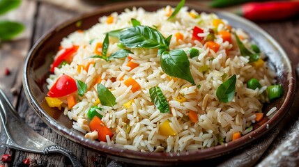 Wall Mural - Rice with carrot and basil on a dark wood background