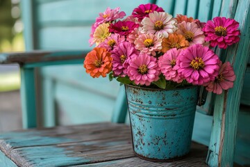 A bouquet of pink, orange, and white zinnias in a blue rusted bucket