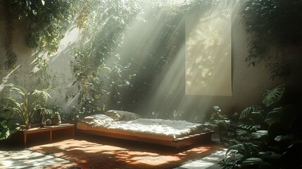 Wall Mural - Peaceful Bedroom Oasis with Lush Greenery and Sunlight