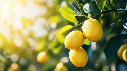 Wall Mural - Fresh lemons grow on a sunlit branch in a vibrant orchard during a warm afternoon