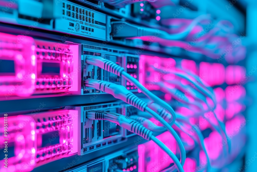 Illuminated pink and blue server racks in a modern data center ...