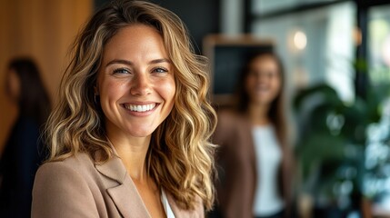 Sticker - Smiling Woman with Wavy Hair in Modern Office