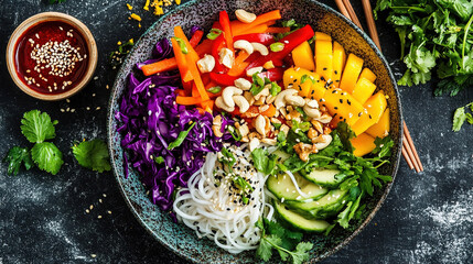 A vibrant and colorful plant-based bowl. World Vegetarian Day. Healthy eating. Fresh organic vegetables. Colorful assortment of vegetables. Vibrant salad bowl. Healthy vegan bowl. Vegan meal. Protein